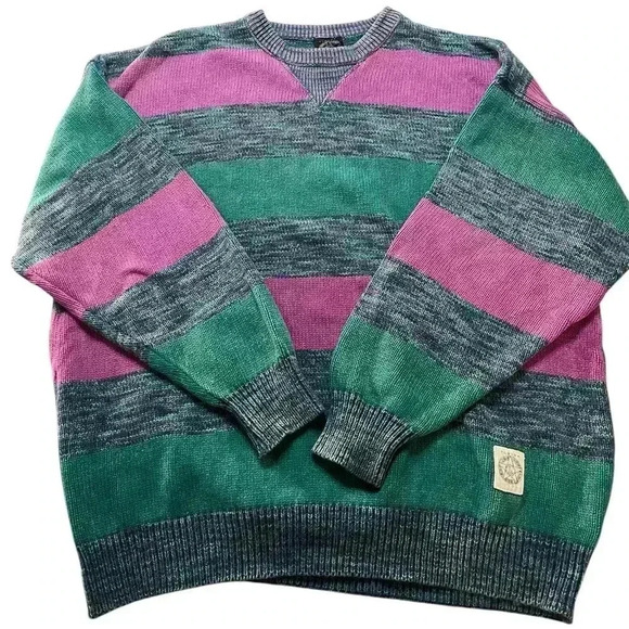Vintage 80s Striped Colourblock Teal Pink Retro Pullover Crewneck Sweater Cotton - Picture 1 of 5